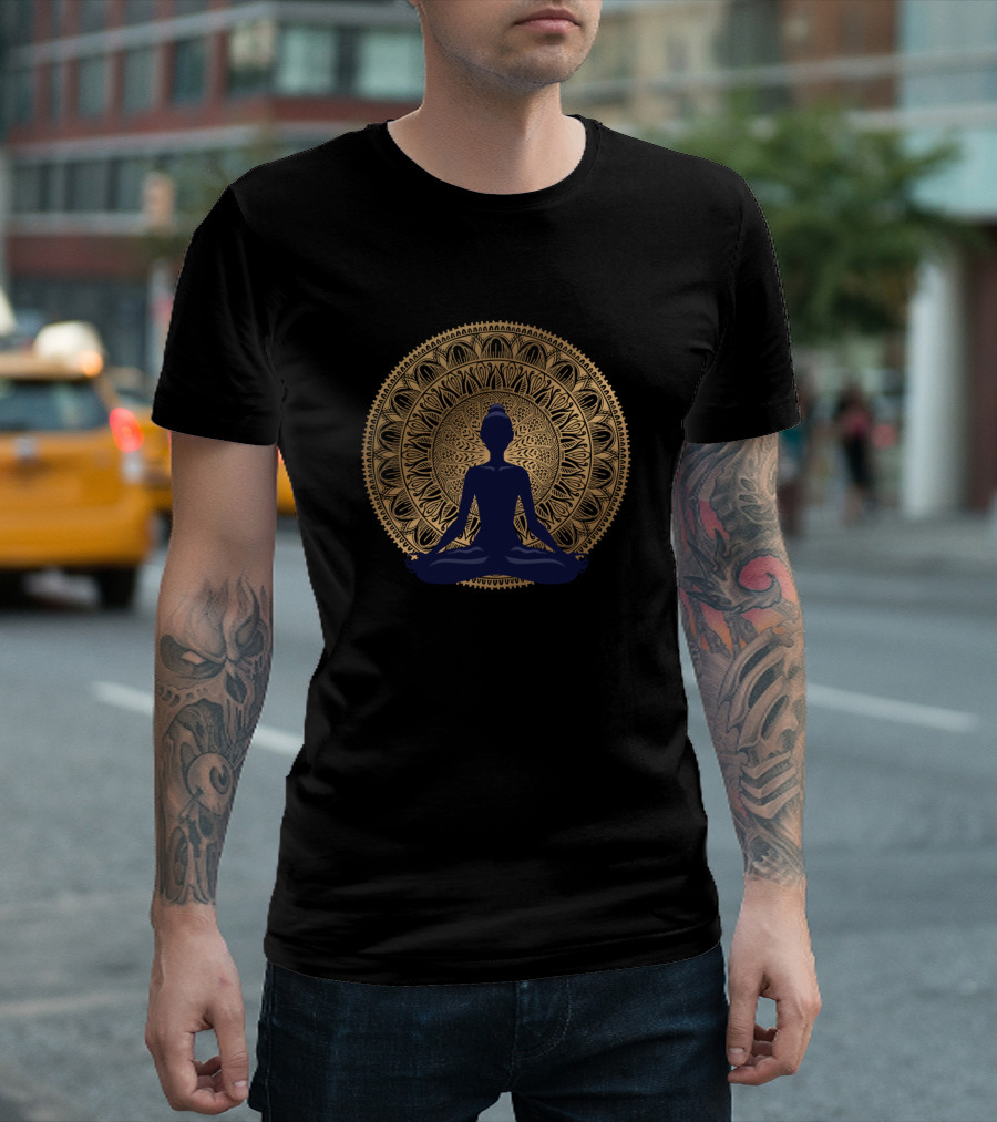 Buddha Yoga Pose with Ornate Mandala Background T-Shirt