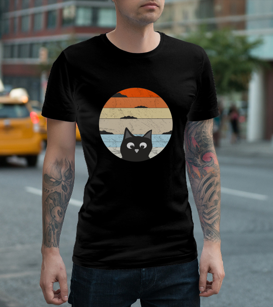 Retro Sunset Cat Background Vintage Aesthetic T-Shirt