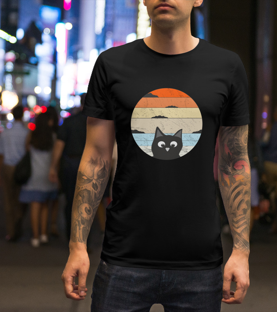 Retro Sunset Cat Background Vintage Aesthetic T-Shirt