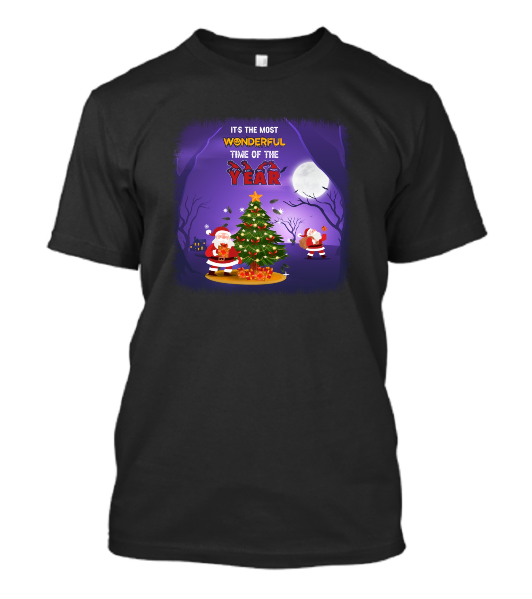 IT'S THE MOST WONDERFUL TIME OF THE YEAR Christmas Tree Santa Moon Scene T-Shirt
