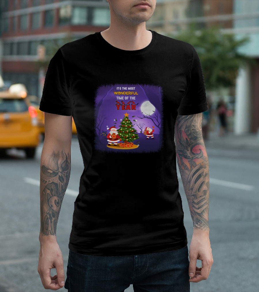 IT'S THE MOST WONDERFUL TIME OF THE YEAR Christmas Tree Santa Moon Scene T-Shirt
