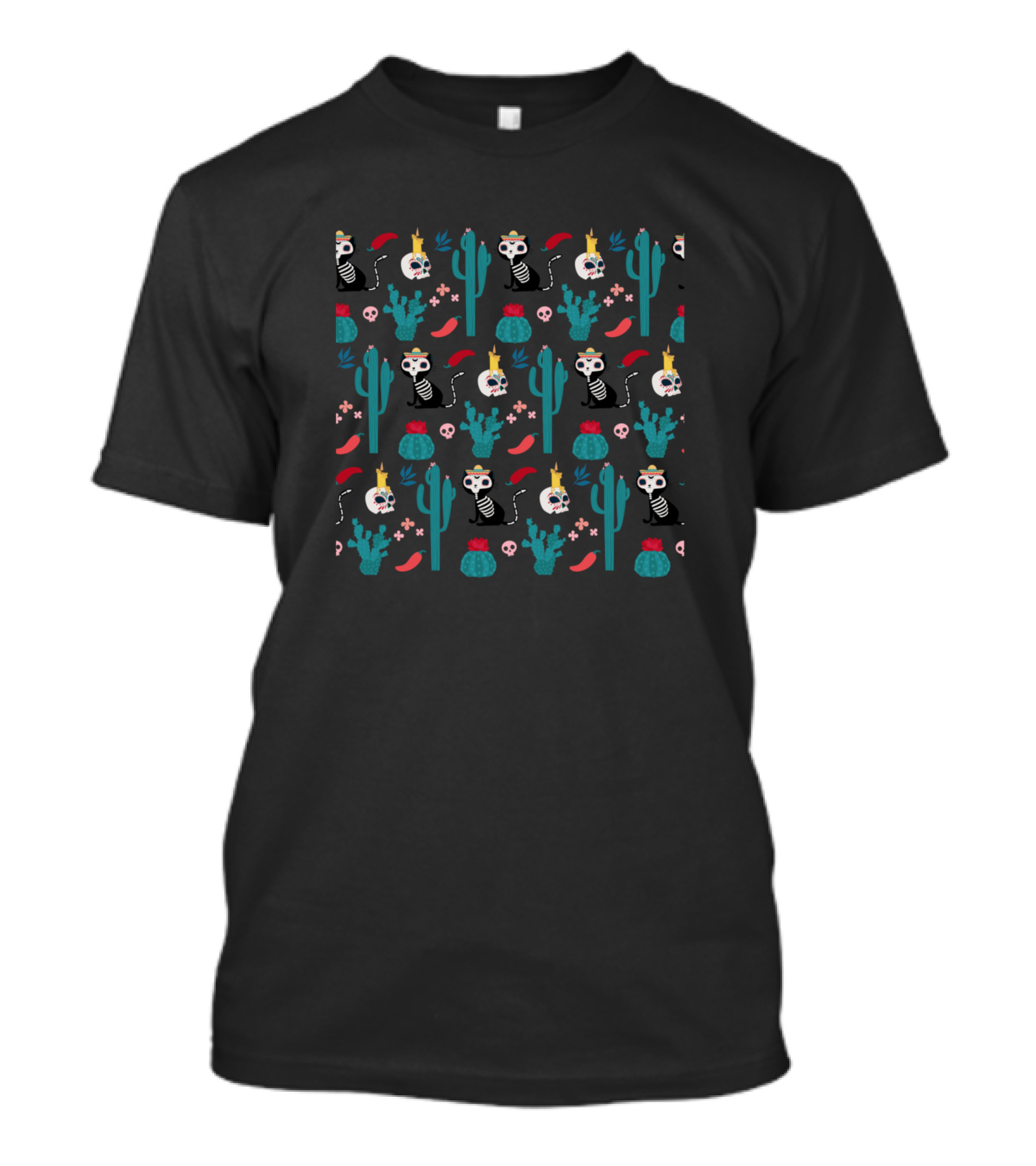Day Of The Dead Skeleton And Cactus Pattern With Skulls And Flowers T-Shirt