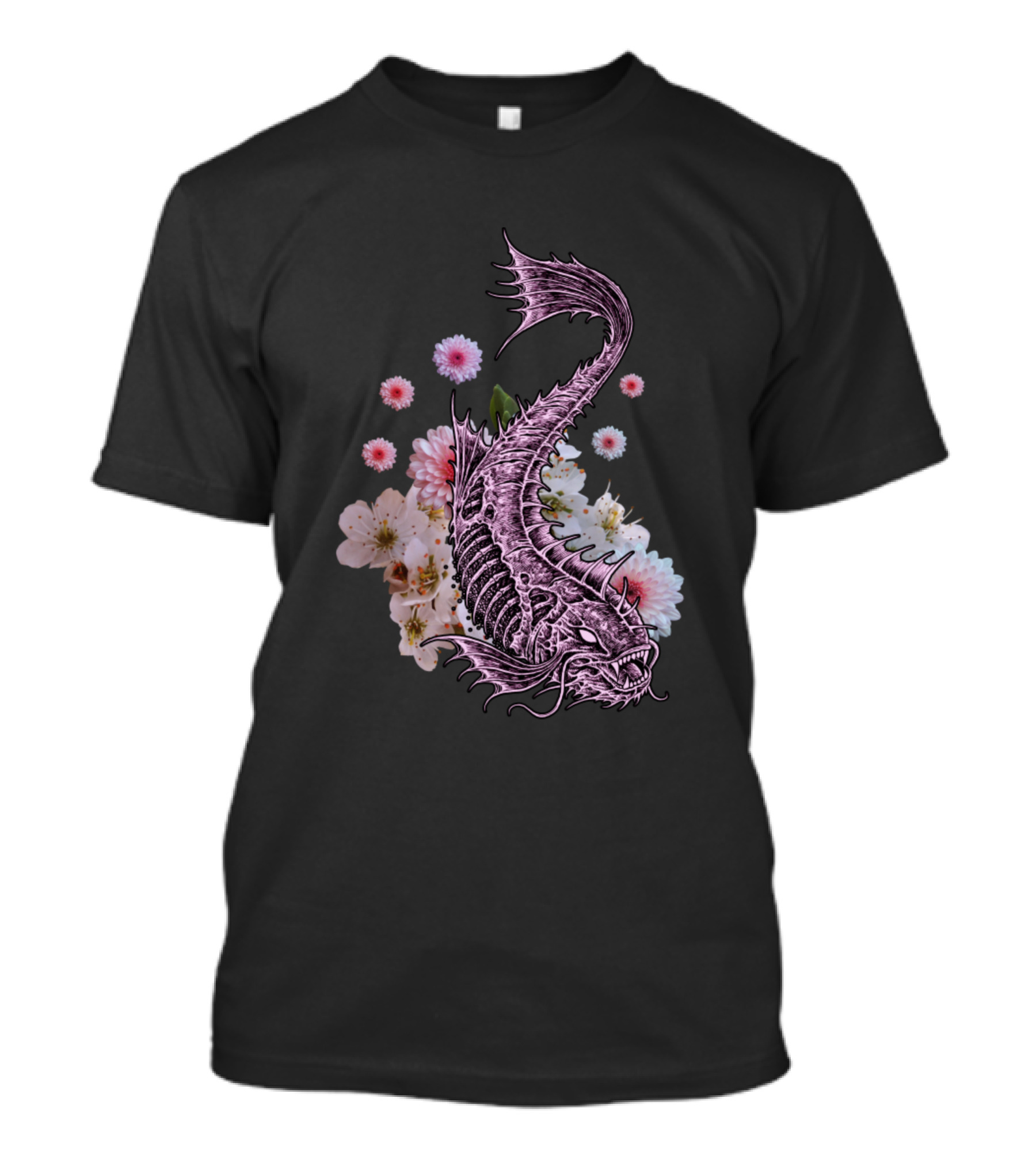Drawing Fish Surrounded By Floral Blooms T-Shirt