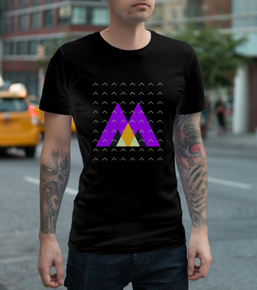 Geometric Triangles And Arrows Pattern With Purple And Yellow Shapes T-Shirt