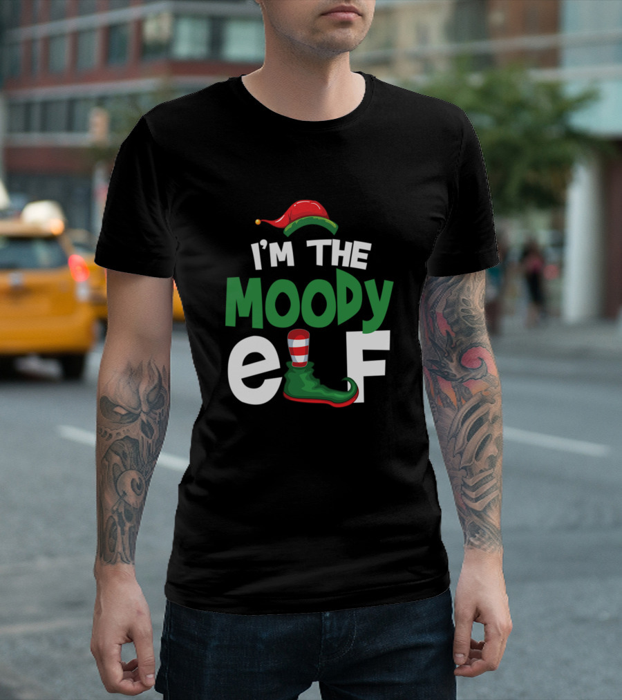 I'M THE MOODY ELF Festive Red Green Hat Striped Christmas Boot T-Shirt