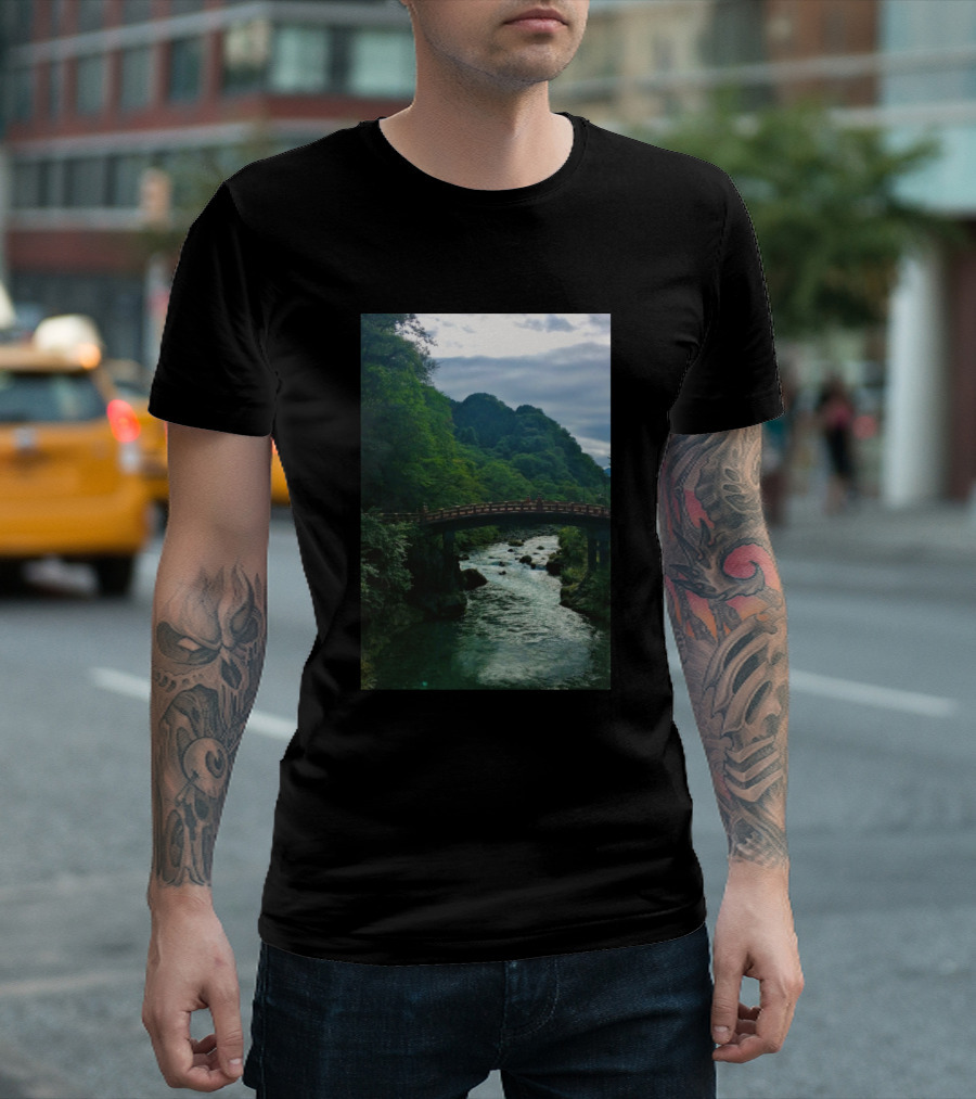 Serene Japanese Bridge Over Lush River in Nature Scene T-Shirt