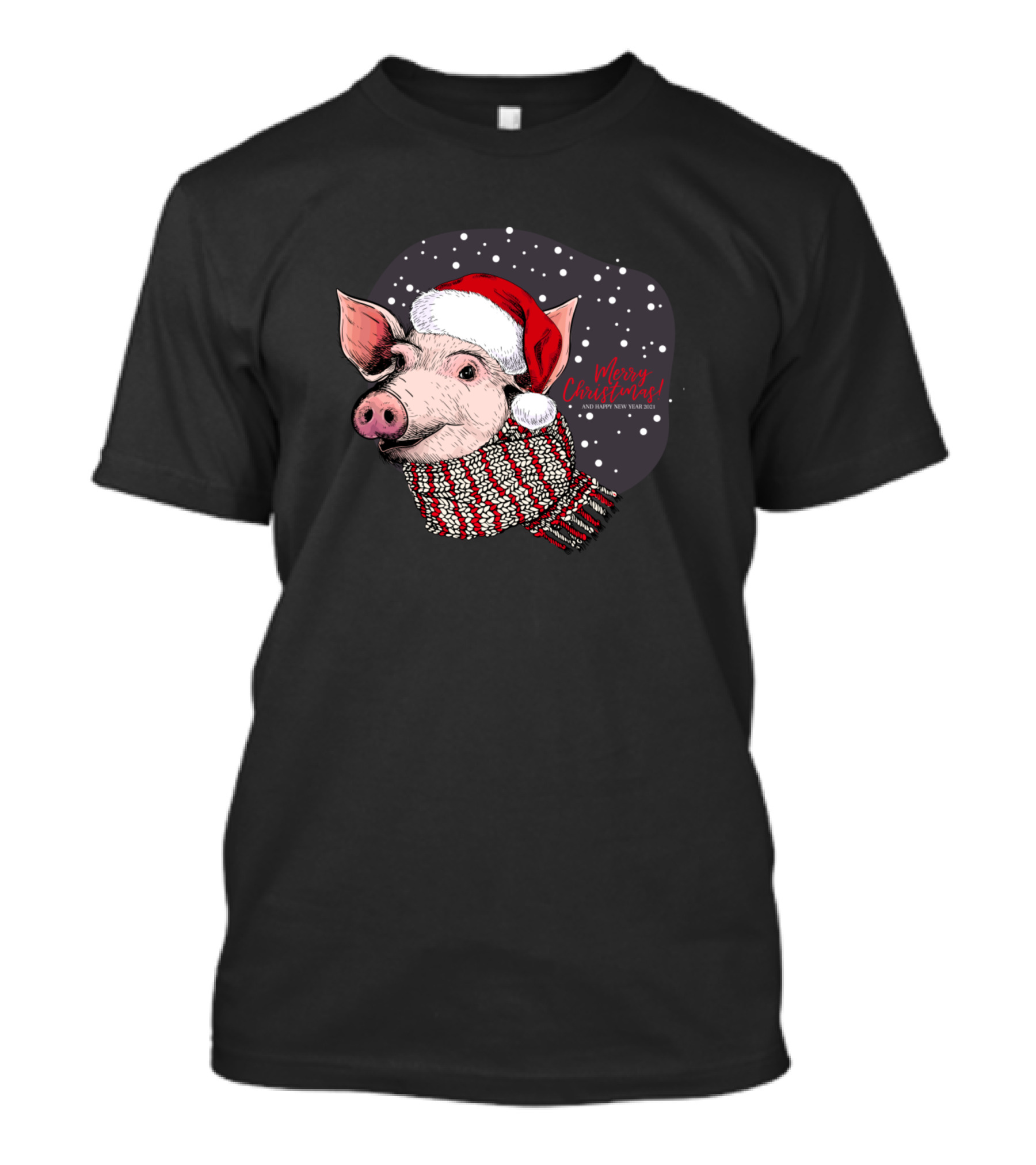 Pig Santa Hat Merry Christmas Happy New Year Snowflakes T-Shirt