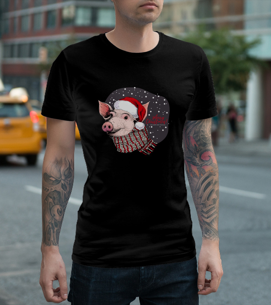 Pig Santa Hat Merry Christmas Happy New Year Snowflakes T-Shirt