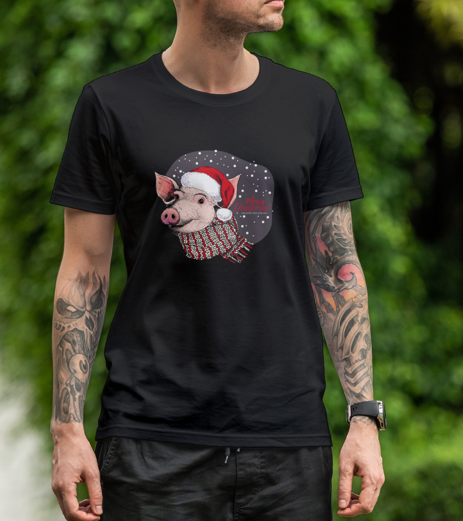 Pig Santa Hat Merry Christmas Happy New Year Snowflakes T-Shirt