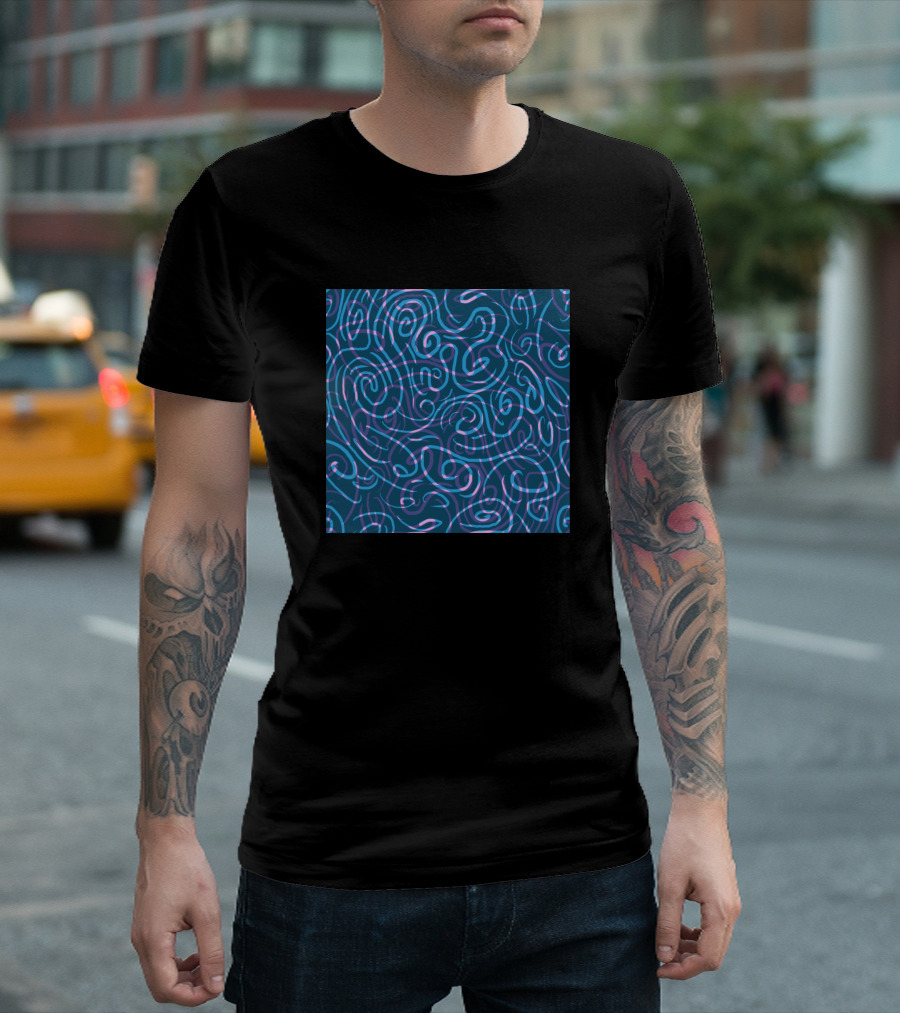 Swril Pattern Vibrant Chaotic Shapes In Blue And Pink Tones T-Shirt