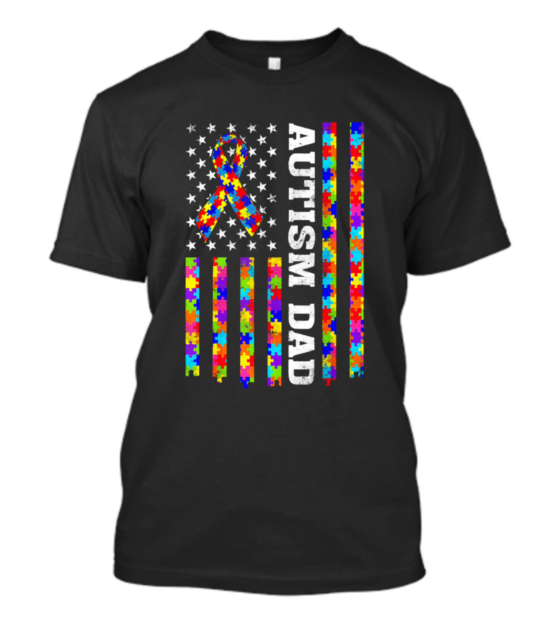 Autism Dad US Flag Puzzle Ribbon Awareness T-Shirt