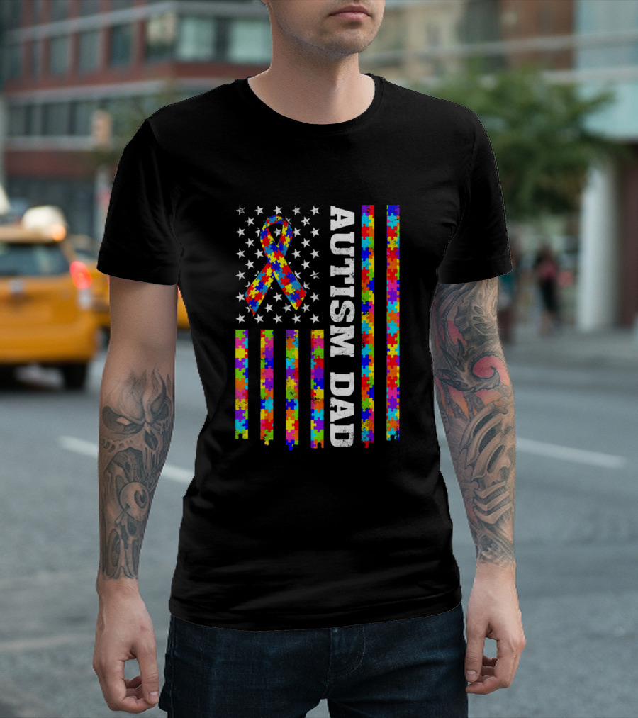 Autism Dad US Flag Puzzle Ribbon Awareness T-Shirt
