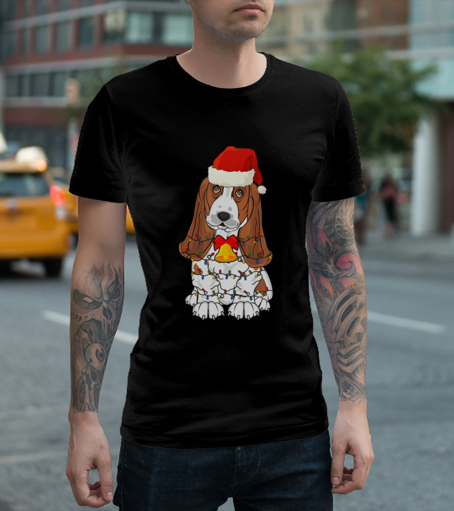 Basset Hound Santa Hat with Christmas Tree Lights and Bell T-Shirt