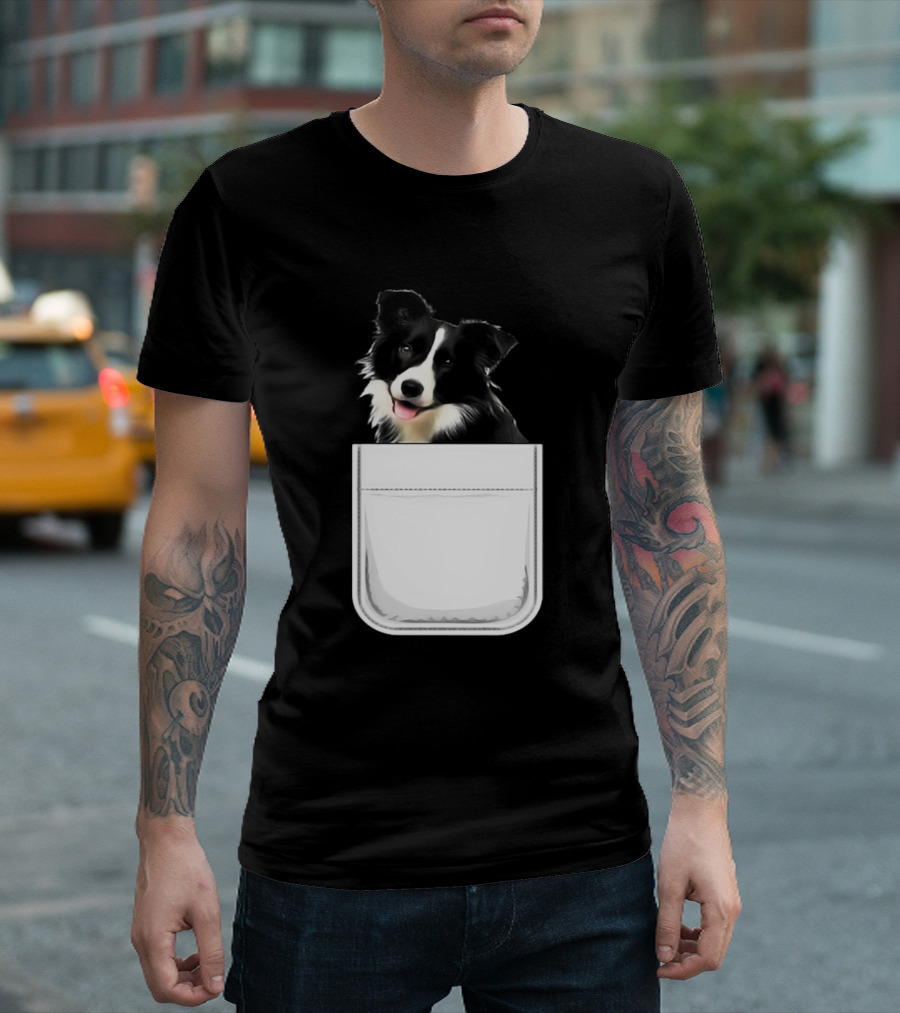 Border Collie Puppy Dog Peeking from Pocket T-Shirt