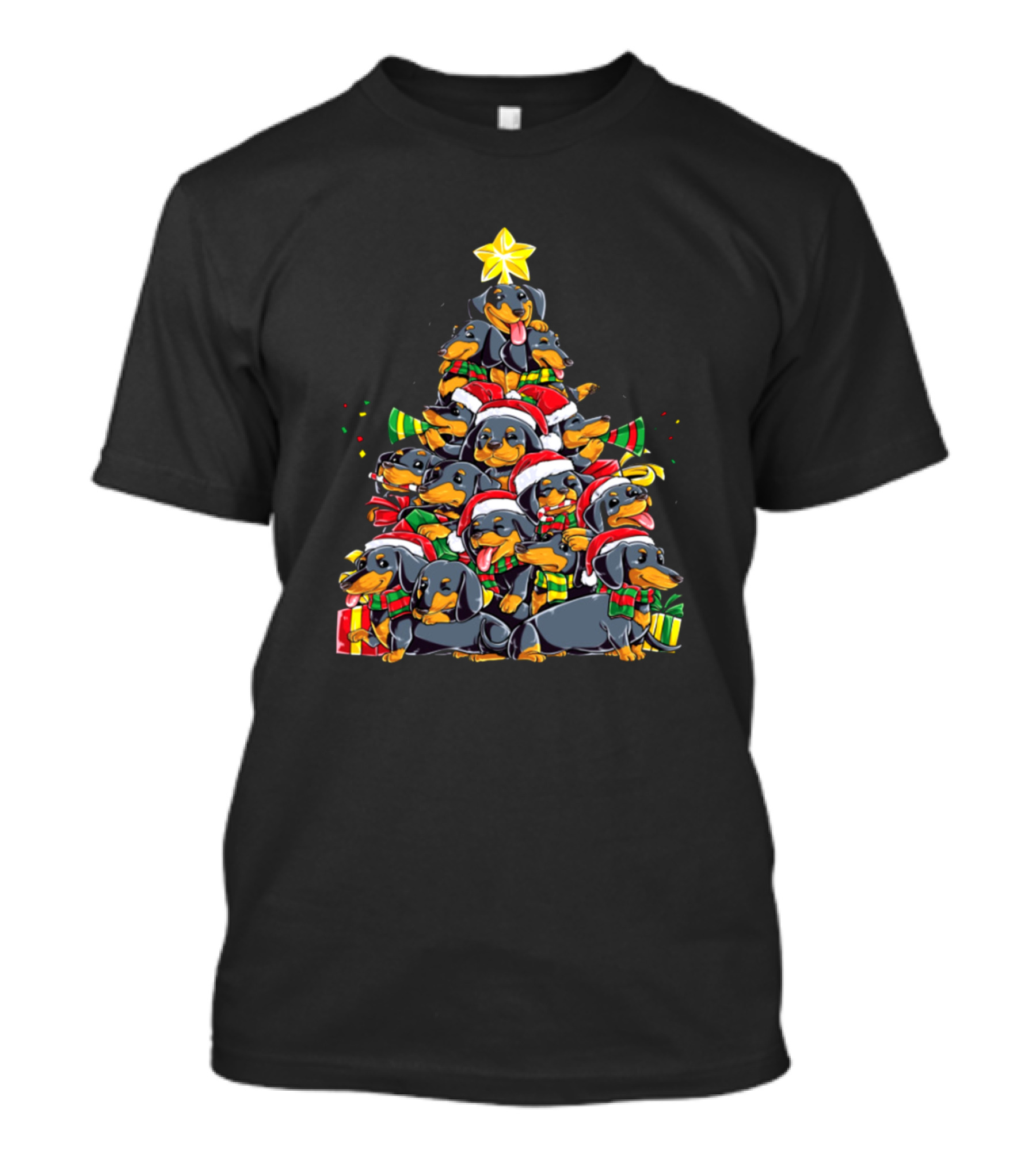 Dachshund Christmas Tree Stack With Santa Hats And Gifts T-Shirt