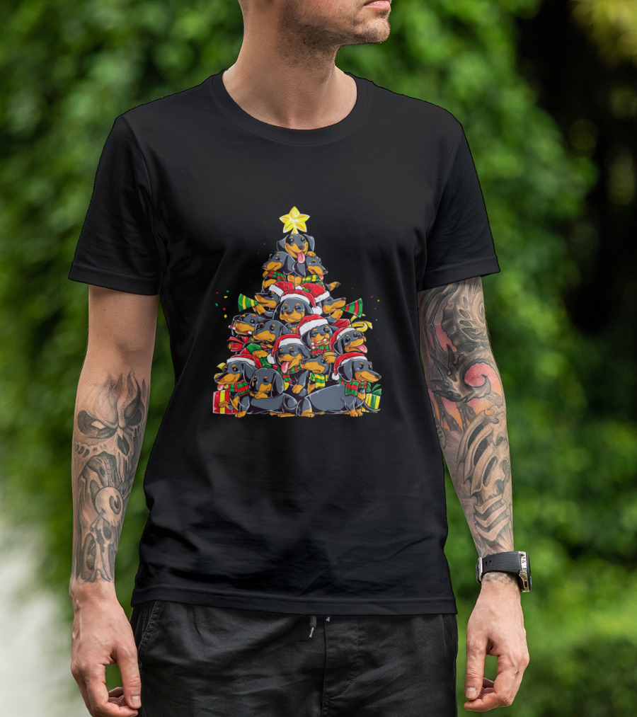 Dachshund Christmas Tree Stack With Santa Hats And Gifts T-Shirt