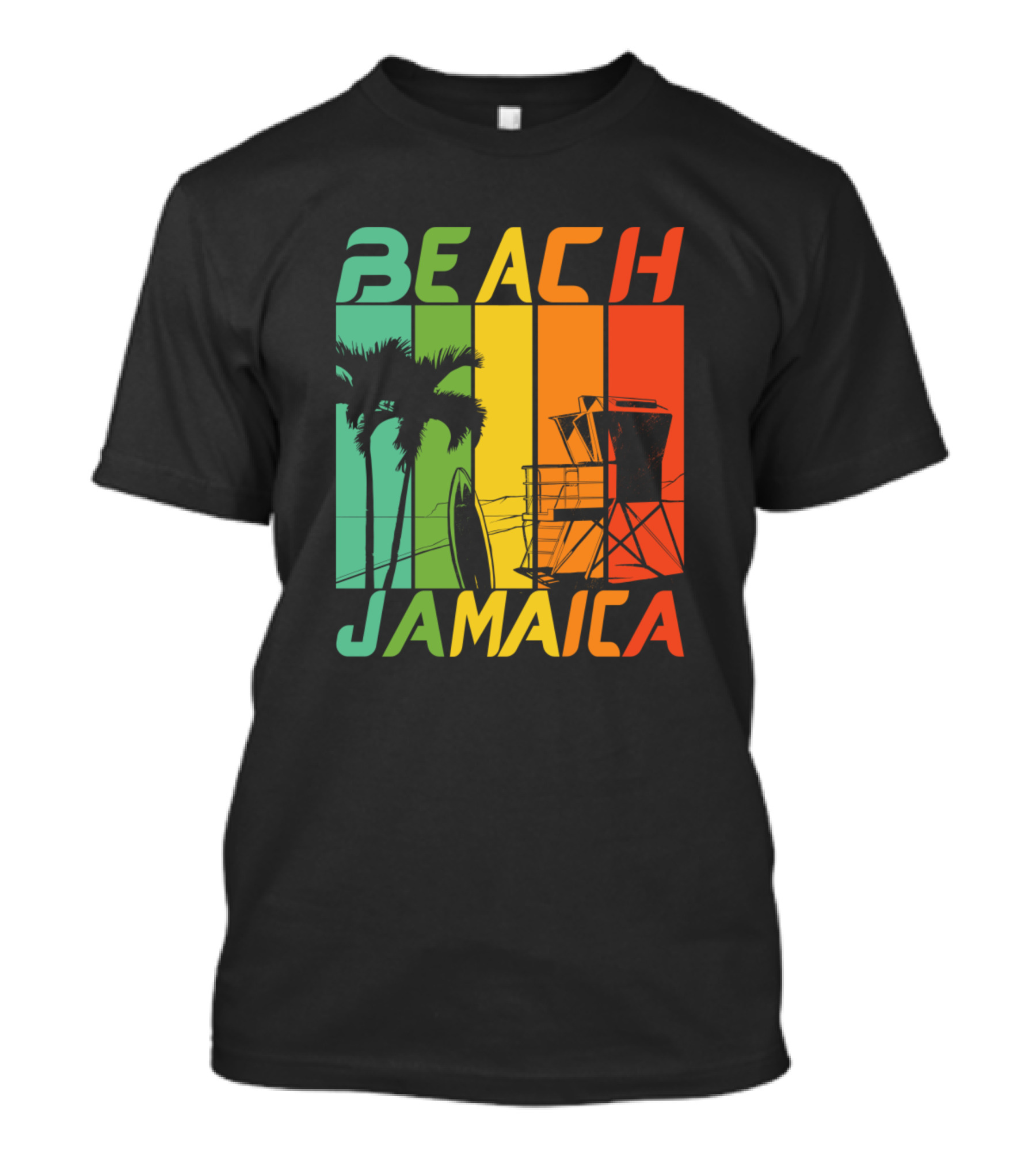 Beach Jamaica Palm Trees And Lifeguard Tower Retro Stripes T-Shirt