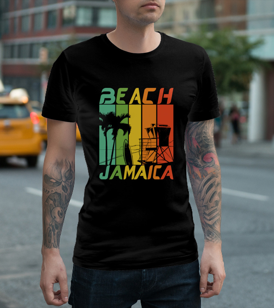 Beach Jamaica Palm Trees And Lifeguard Tower Retro Stripes T-Shirt