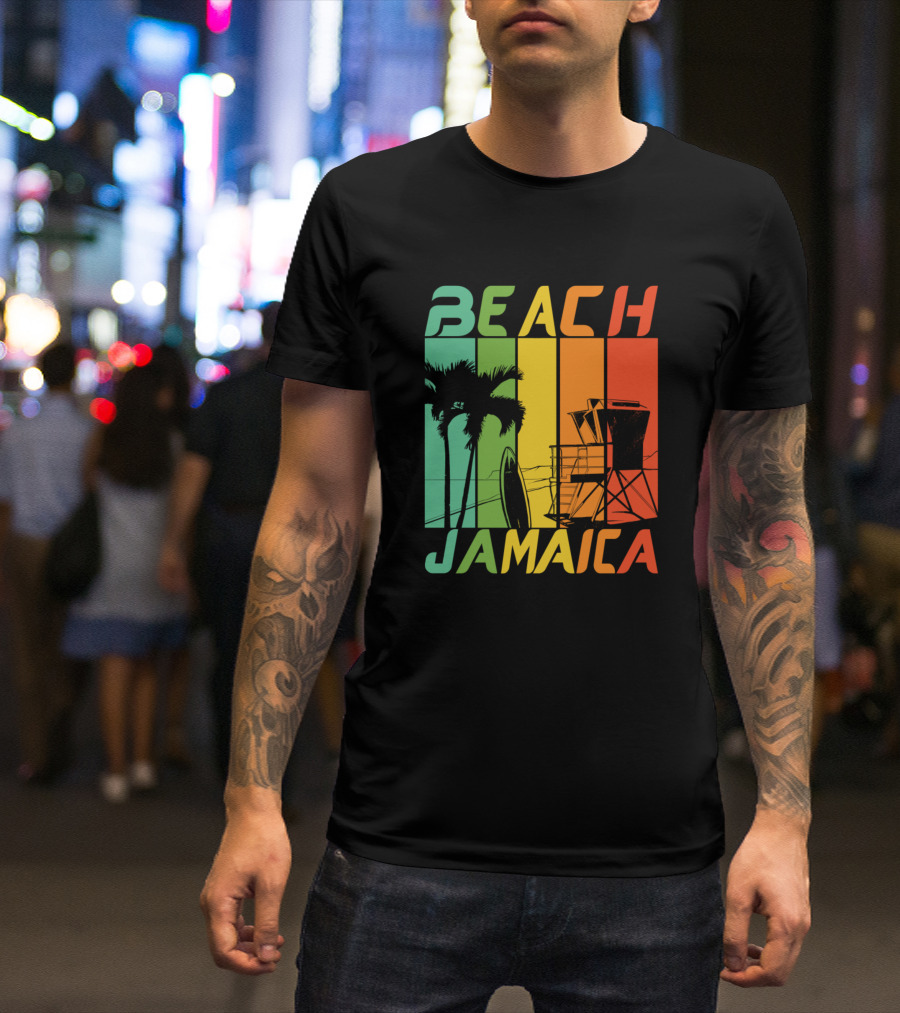 Beach Jamaica Palm Trees And Lifeguard Tower Retro Stripes T-Shirt