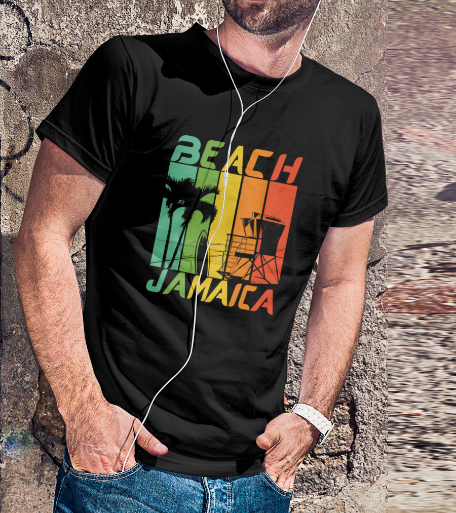 Beach Jamaica Palm Trees And Lifeguard Tower Retro Stripes T-Shirt