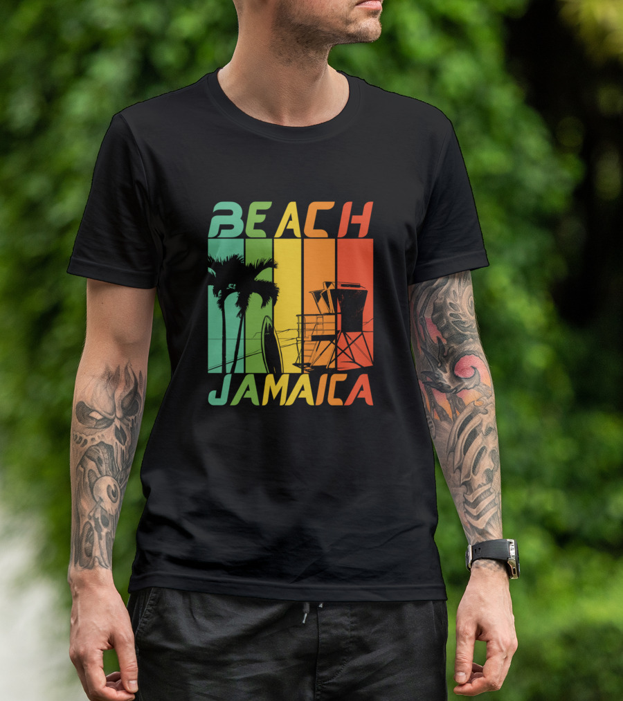 Beach Jamaica Palm Trees And Lifeguard Tower Retro Stripes T-Shirt