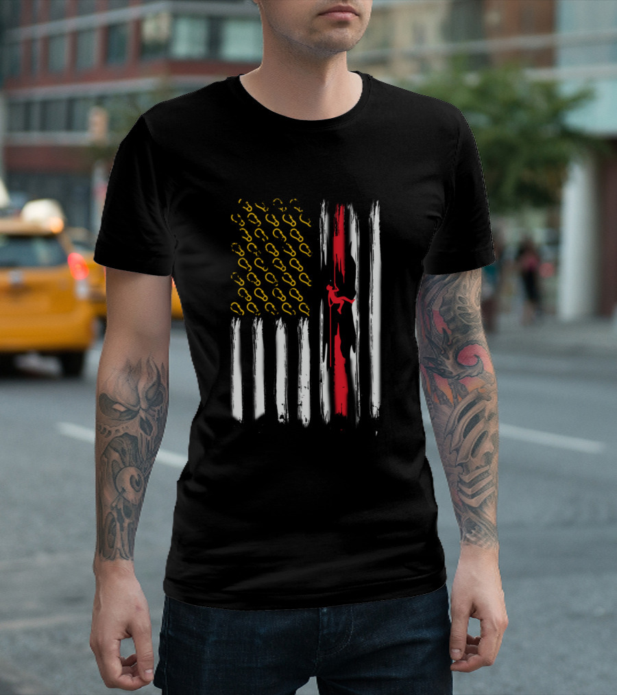 Man On A Rope Climbing Down A Grotto Inside American Flag With Carabiner Stars T-Shirt