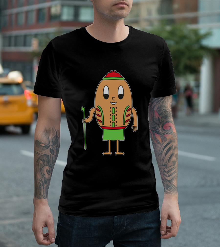 Native Egg Character Holding Staff With Red, Green Tribal T-Shirt