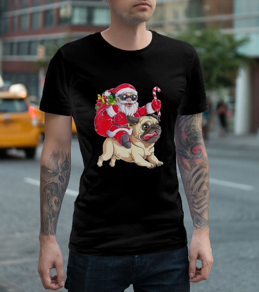 Pug Santa with Candy Cane and Gifts T-Shirt