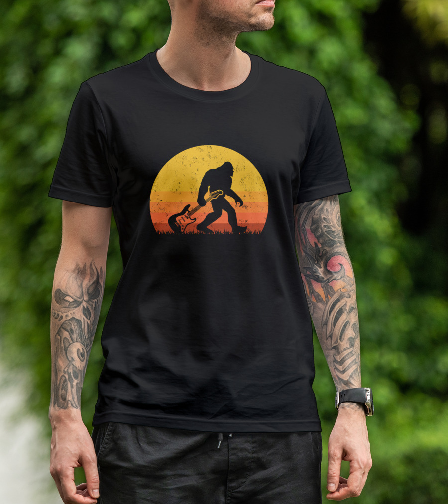Bigfoot Playing Guitar Vintage Style Retro Sunset Scene T-Shirt