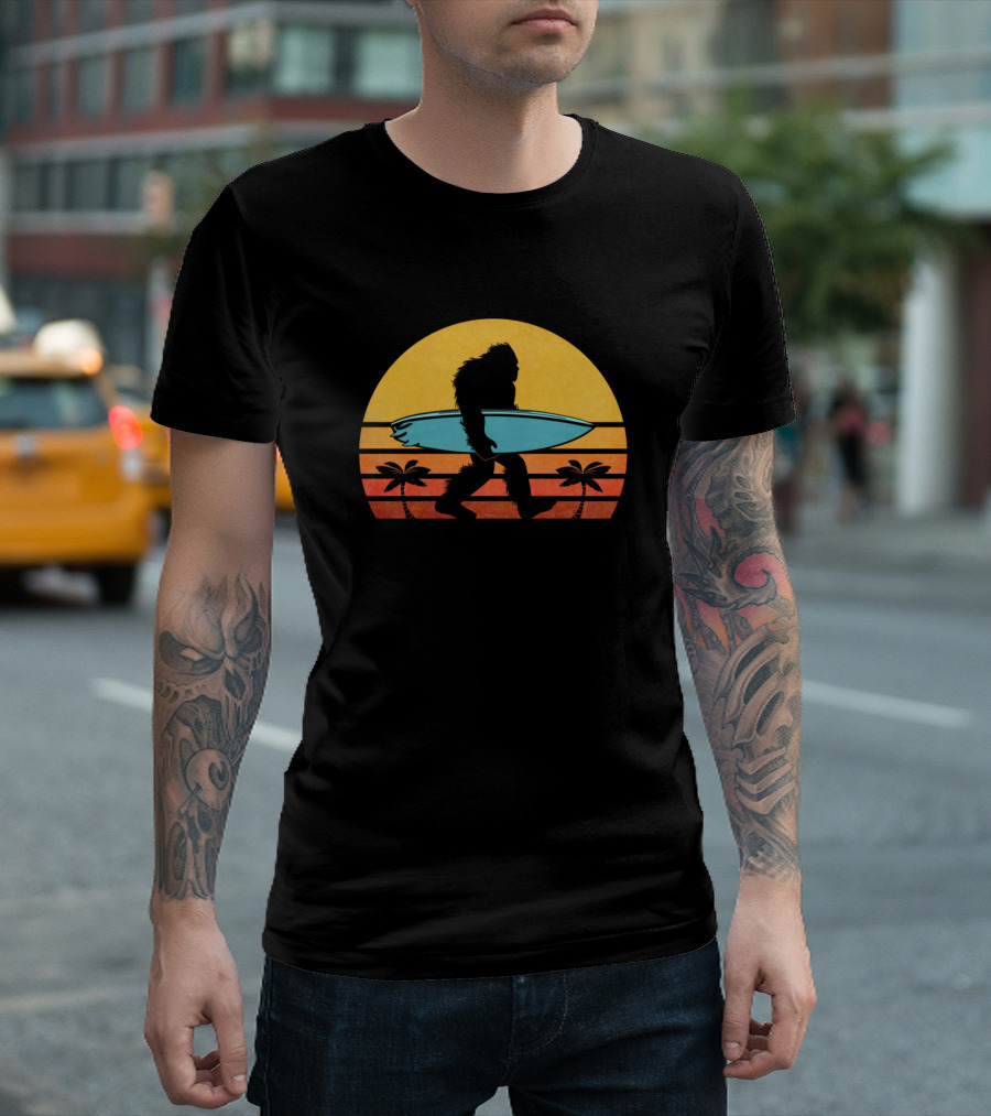 Bigfoot Surfing Tropical Sasquatch Sunset Palm Surfer T-Shirt