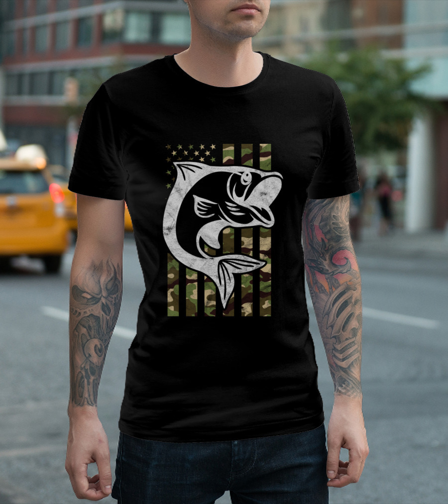 Fish Camo Camouflage American Flag with Patriotic T-Shirt