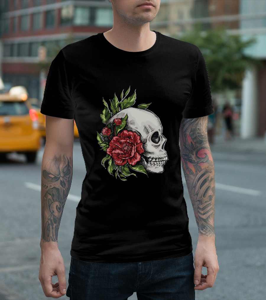Floral Skull with Roses Tattoo T-Shirt