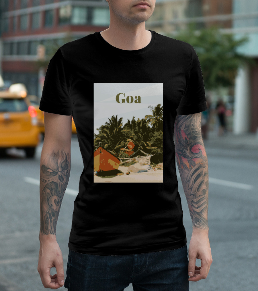 Goa Tropical Beach Palm Trees Boat Scene T-Shirt