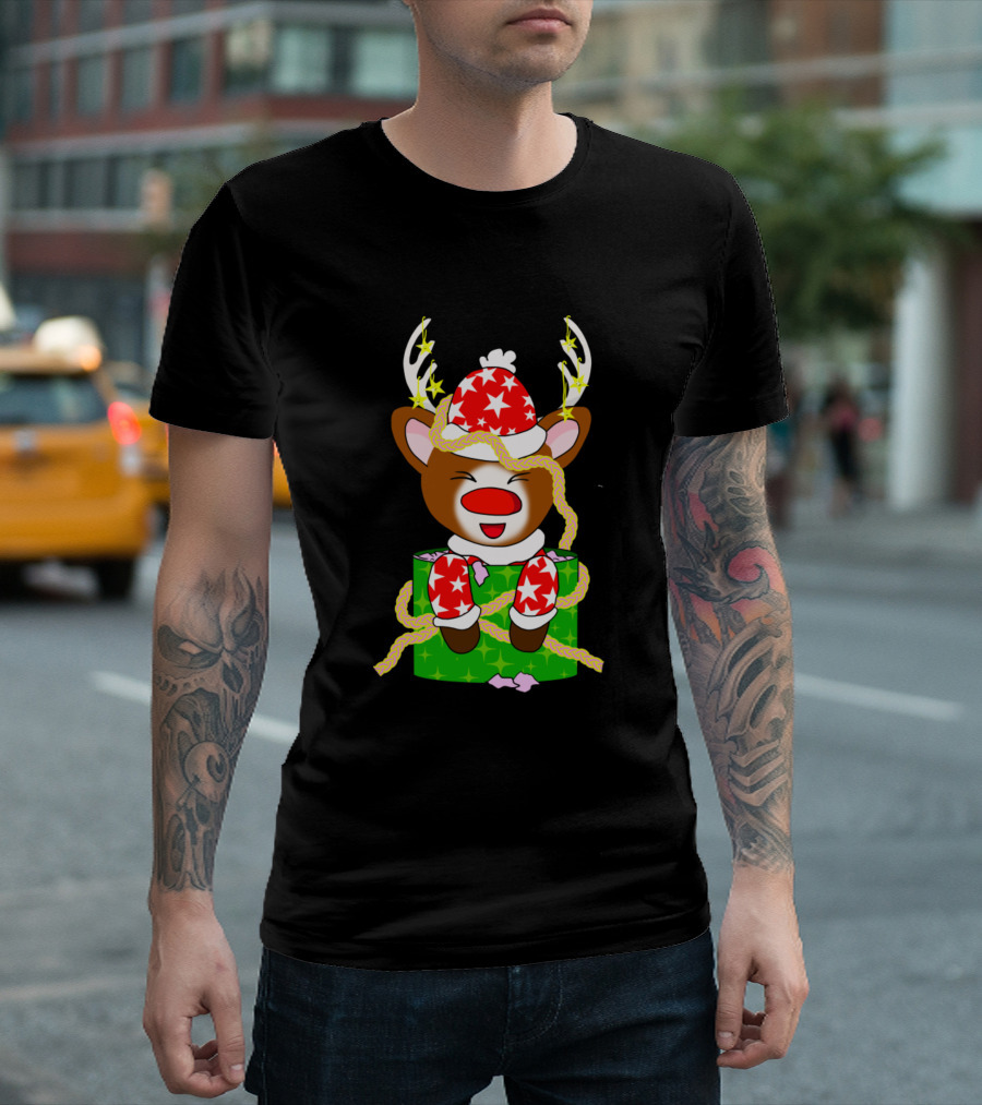 Kawaii Santa Reindeer In Festive Gift Box With Tinsel And Stars T-Shirt