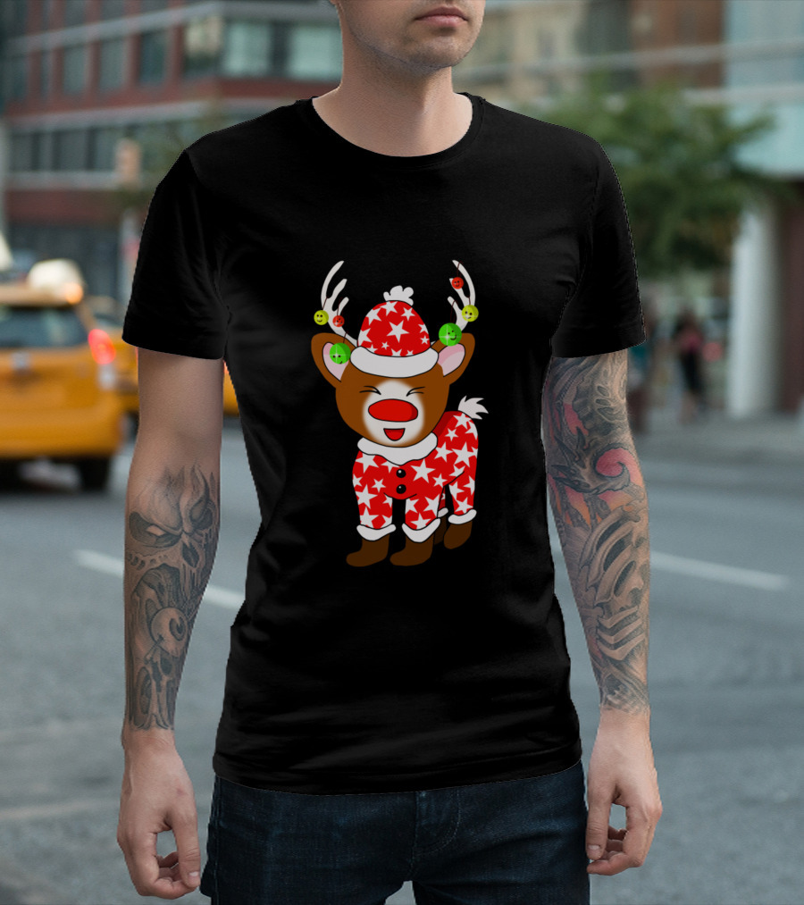 Kawaii Santa Reindeer in Starry Pajamas with Cheerful Ornament Antlers T-Shirt