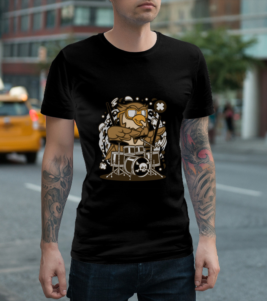 Owl Drummer with Drumsticks and Skull Drum Set T-Shirt