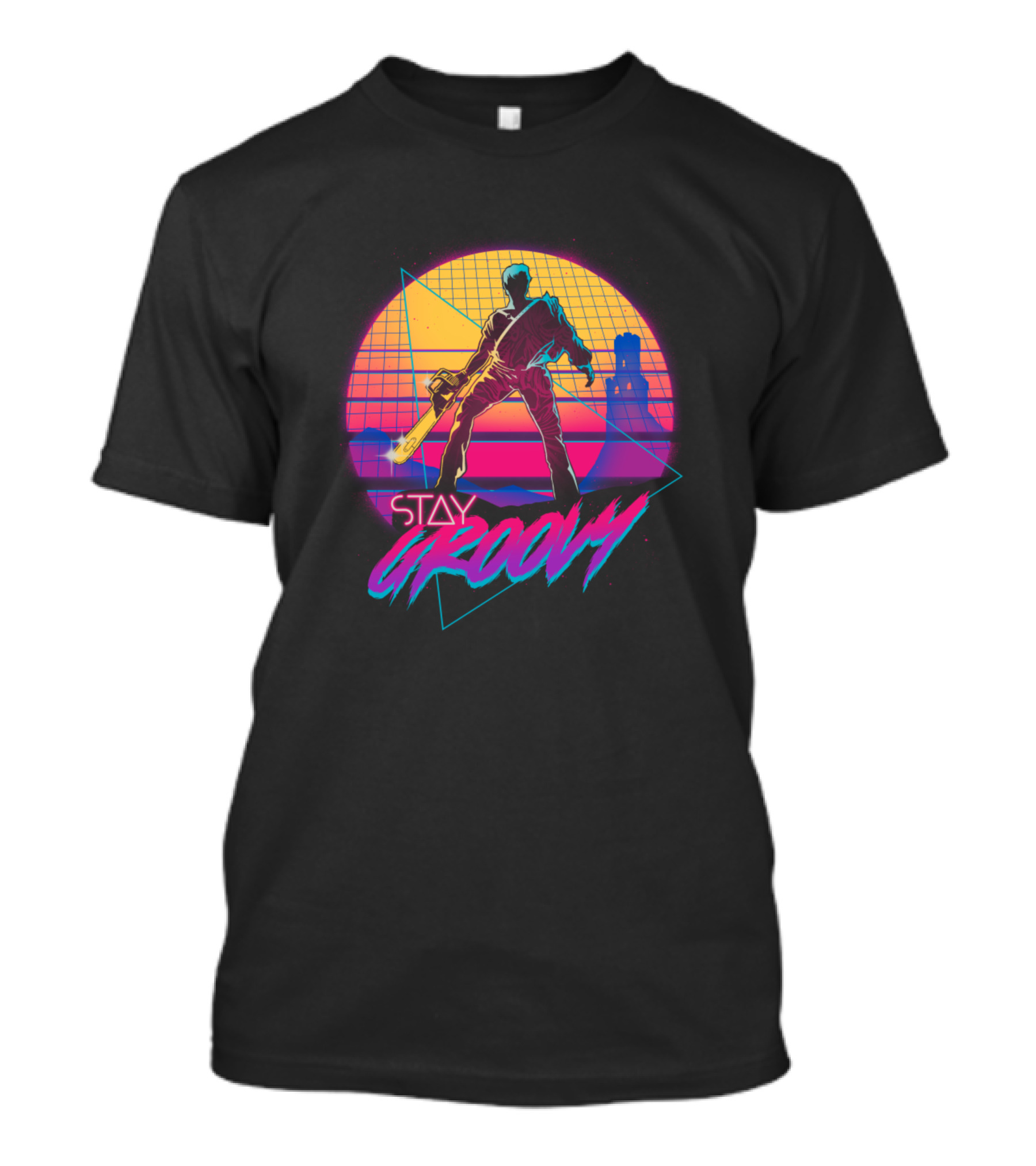 Stay Groovy Retro 80s Neon Sunset Chainsaw Hero T-Shirt