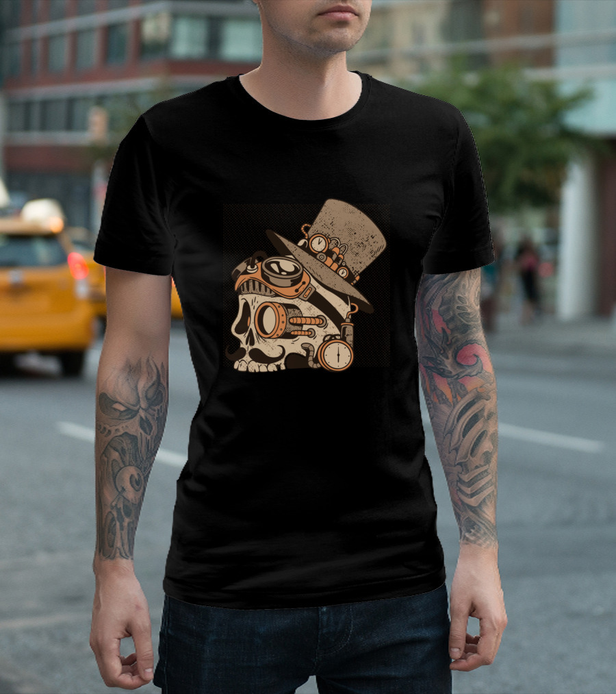 Steampunk Skull with Top Hat and Goggles Retro Clockwork Tattoo T-Shirt