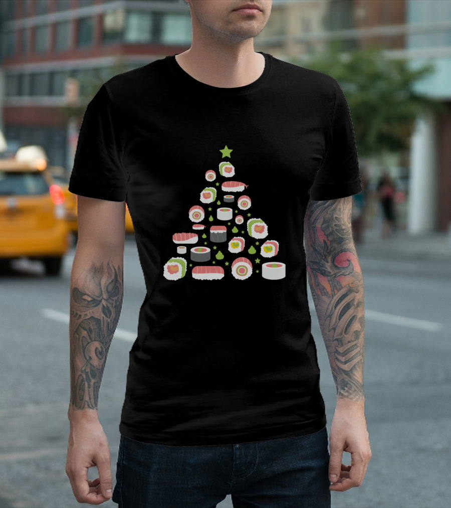 Christmas Tree Made Of Sushi Rolls Funny Japanese Holiday T-Shirt