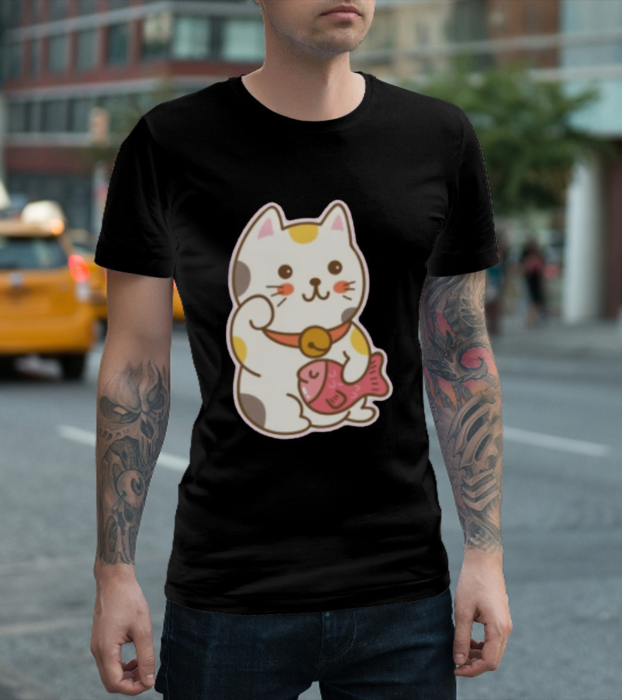 Cutie Maneki Neko Lucky Cat With Fish T-Shirt
