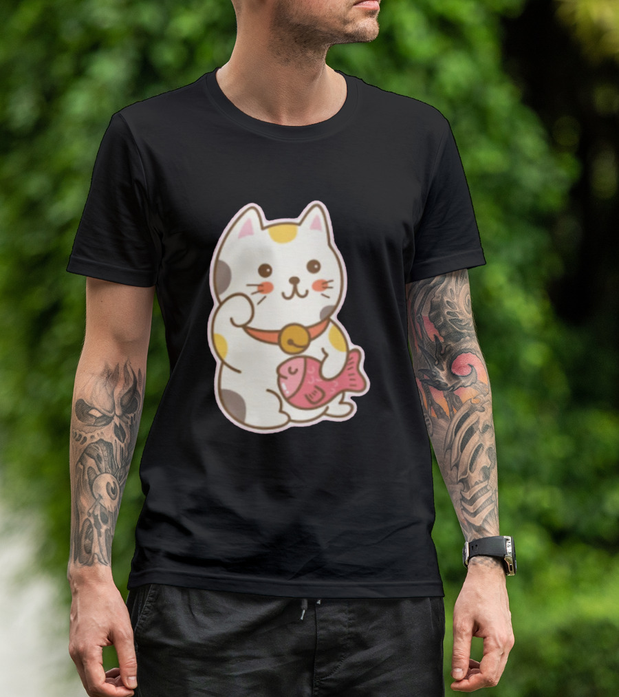 Cutie Maneki Neko Lucky Cat With Fish T-Shirt