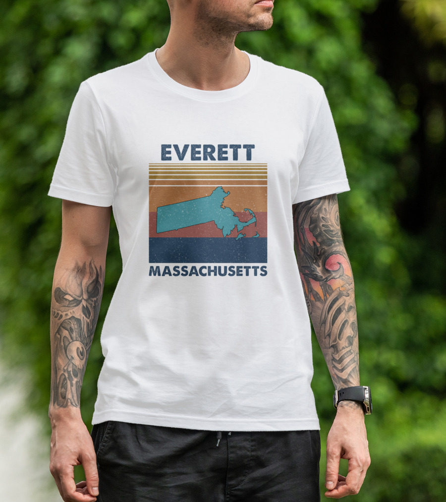 Everett Massachusetts Retro Map Silhouette With Stripes T-Shirt