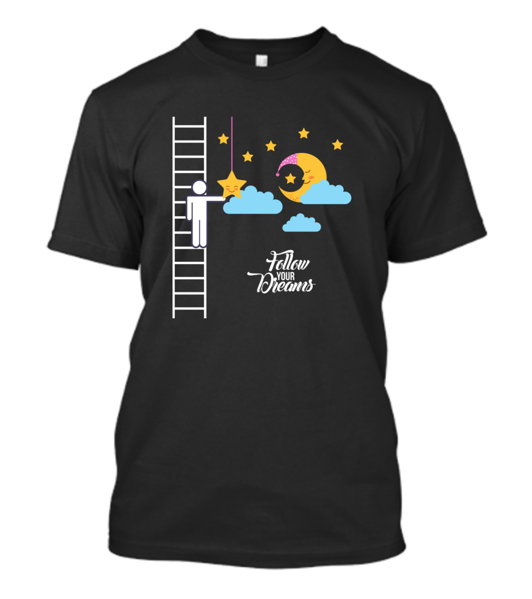 Follow Your Dreams With Moon Sleeping In Clouds And Happy Stars T-Shirt
