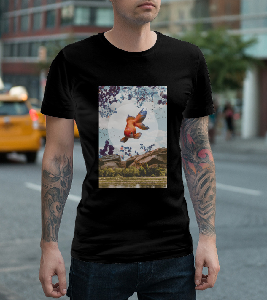 Goldfish Lake Tranquil Forest and Moonlit Sky with Floral Frame T-Shirt