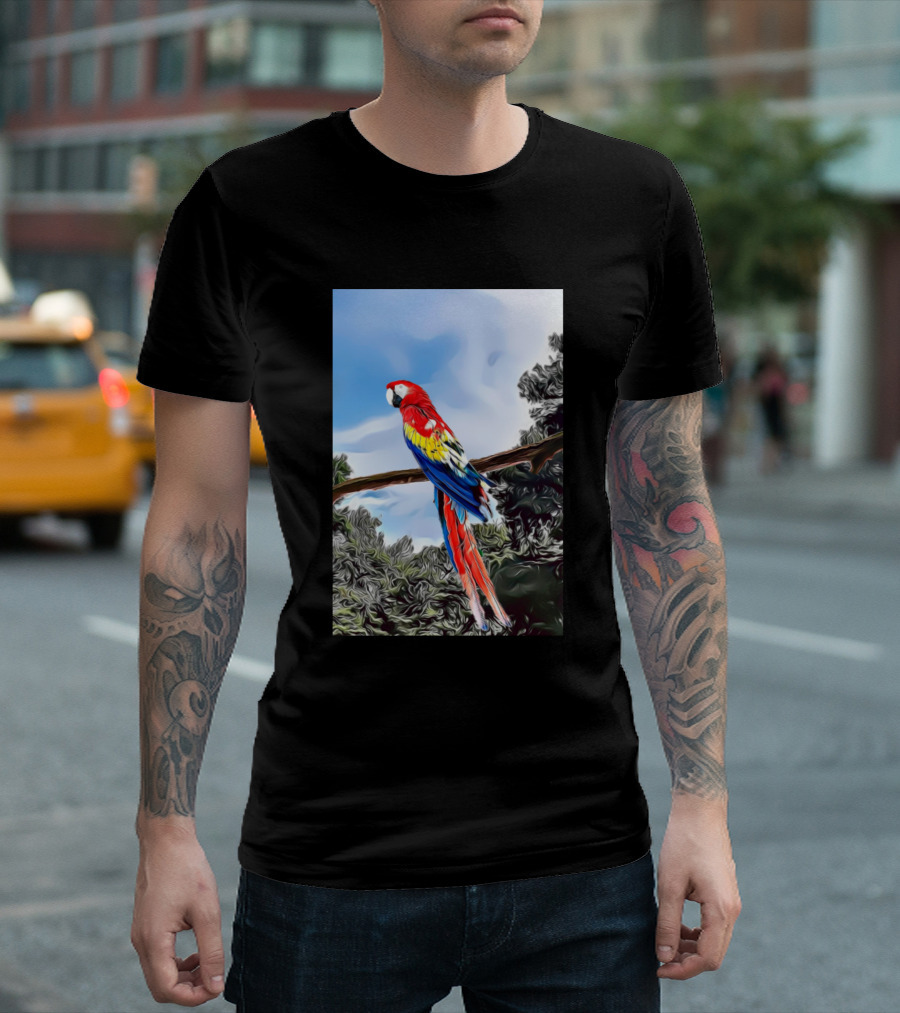 Parrot Drawing on Branch with Vivid Colors and Sky Background T-Shirt