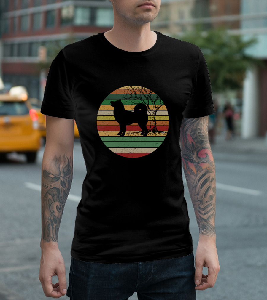 Vintage Dog Akita Silhouette Retro Stripes Tree Circle T-Shirt