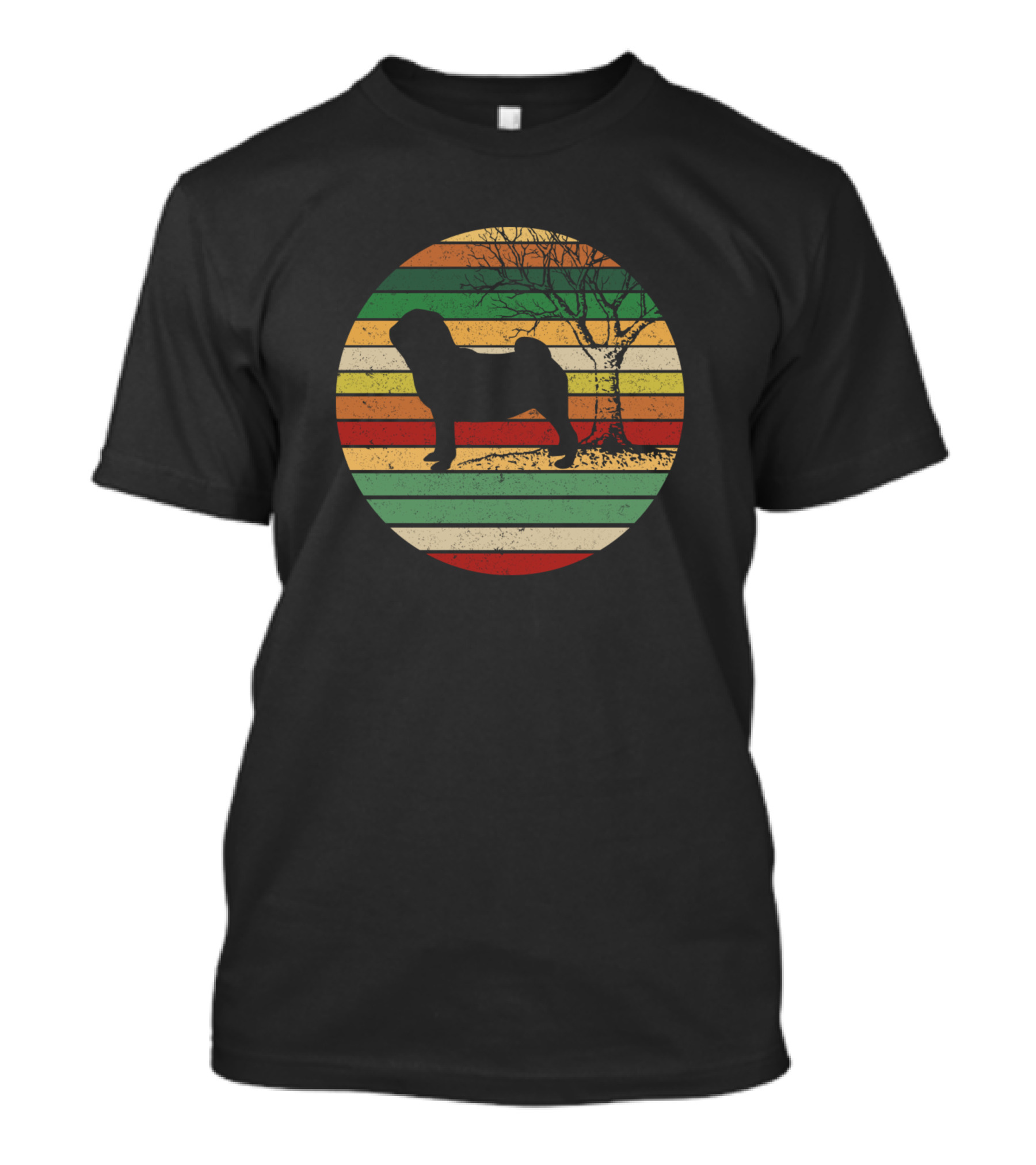Vintage Pug Silhouette With Stripes And Tree Background T-Shirt