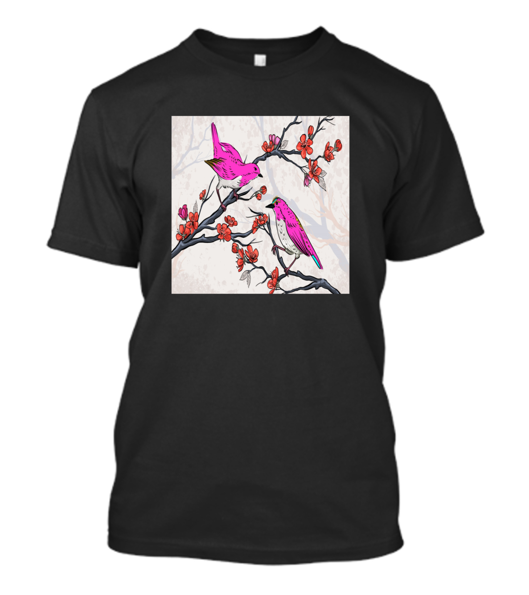Asian Flowers Print Botanical Birds Pink Floral Branches T-Shirt