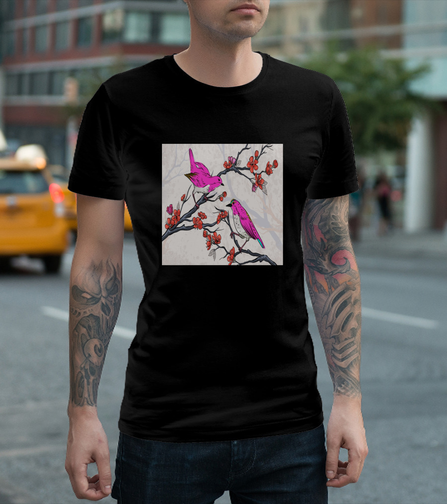 Asian Flowers Print Botanical Birds Pink Floral Branches T-Shirt
