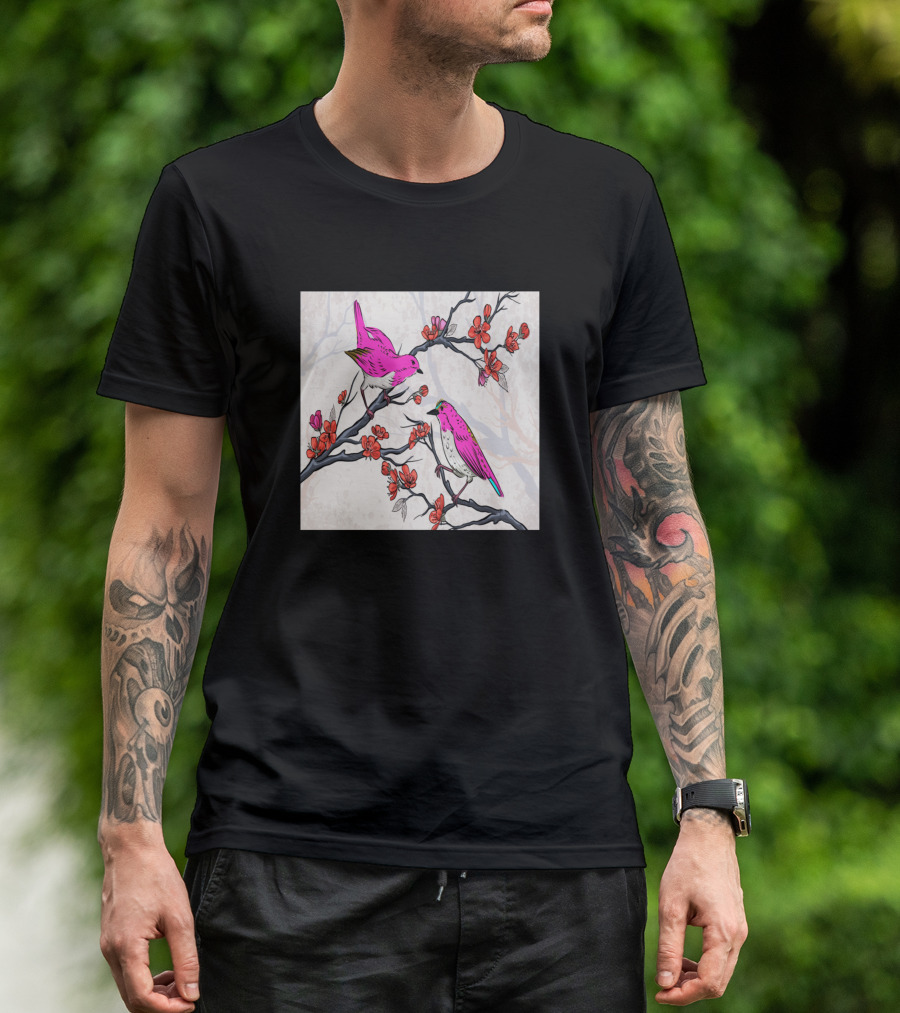 Asian Flowers Print Botanical Birds Pink Floral Branches T-Shirt